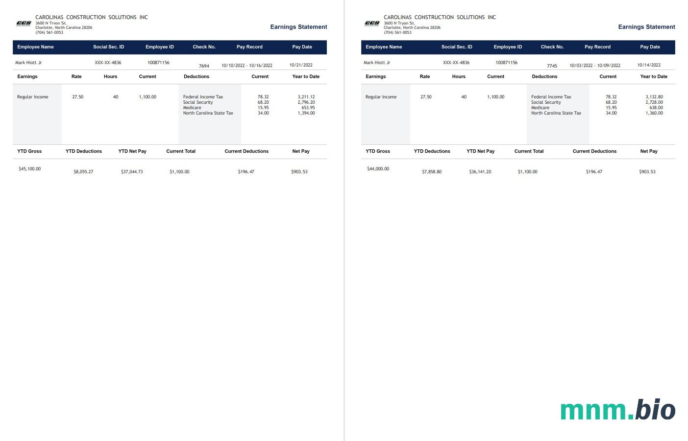 Carolinas Construction Solutions Paystub szablon w formatach Word i PDF